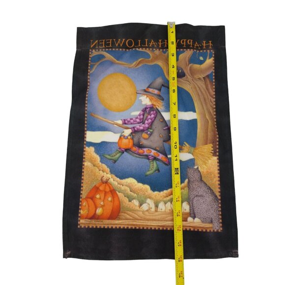 Debbie Mumm Fall Halloween Flag Witch On A Broom, Cat, Pumpkin, Moon - Picture 3 of 4
